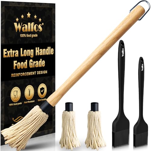 Image of Walfos Basting Brush Silicone and BBQ Mop, Grill Basting Mop with 3 Heads and 2Pcs Pastry Brushes, Wooden Long Handle, Heat Resistant for Grilling, Smoking Steak, Kitchen Cooking (18 inch）