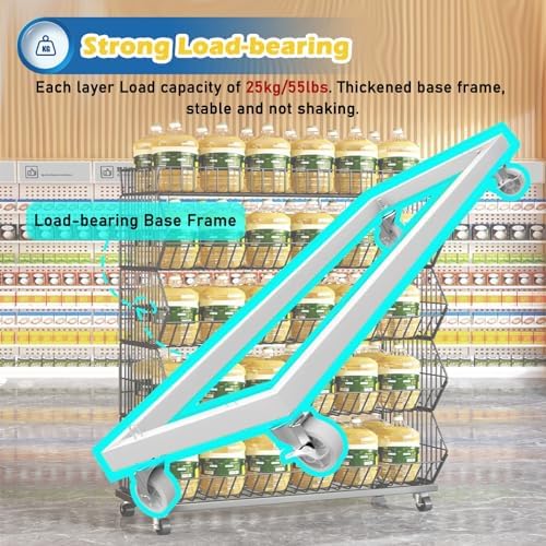 Retail Display Storage Rack，Metal Wire Fruit Vegetable Basket Rack Stand Kitchen Storage, Supermarket Snack Shelf with Wheels for Kitchen Office Retail Stores, Commercial Retail Display Hold