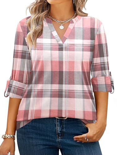 T-shirt Plaid Printed V-neck Long Sleeve Top Casual Loose Large Size Ladies T-shirt