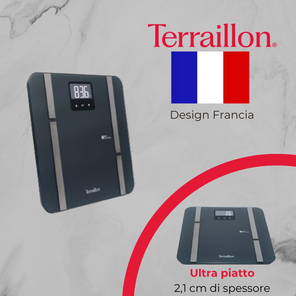 TERRAILLON - MASTER FIT ULTRA Bilancia connessa Wi-Fi, Frequenza cardiaca, Analisi delle masse grasse, muscolare, idrica, ossea e viscerale, BMI, Apporto calorico giornaliero