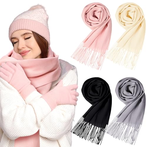 4 Pcs Soft Shawl Womens Scarf Winter Silky Wrap Soft Winter Neck Scarf Warm Travel with Tassel Edge for Men