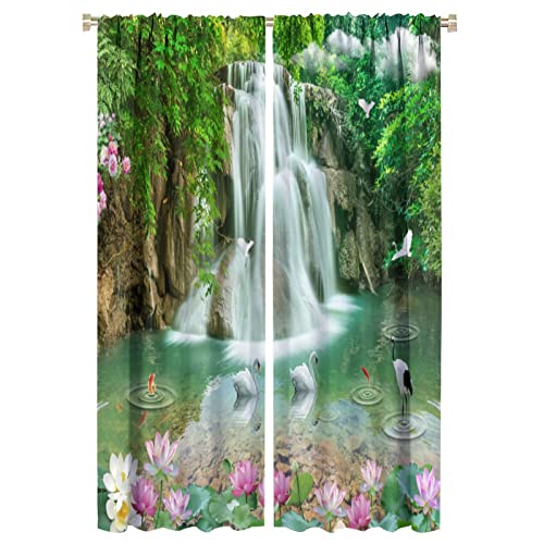 Waterfall Deocr Curtain, Japanese Style Waterfall Mountain Cloud Boat Flower Dreamy Scenes Home Decor Windows Rod Pocket Curtain for Living Room Nursery Boys Girls Bedroom Window Drapes 42