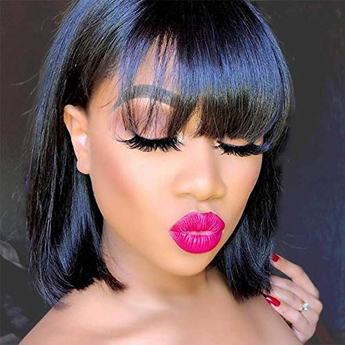 AS Short Bob Wigs for Black Women Human Hair Wigs With Bangs Brazlian Virgin Human Hair Bob Wigs Glueless Machine Made Bob Wig Natural Color(Bangs-10“)