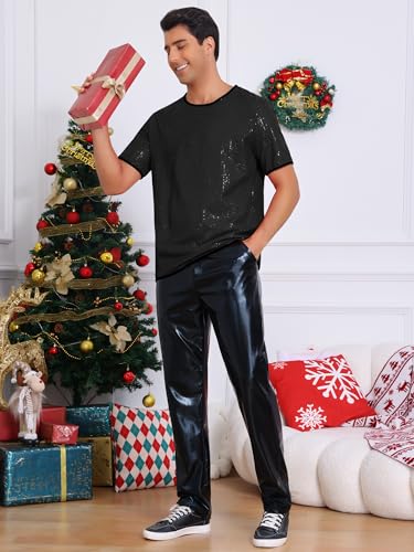 Lars Amadeus Sequin T-Shirts for Men's Metallic Top Short Sleeved Club Rave Party Sparkly Shirt2