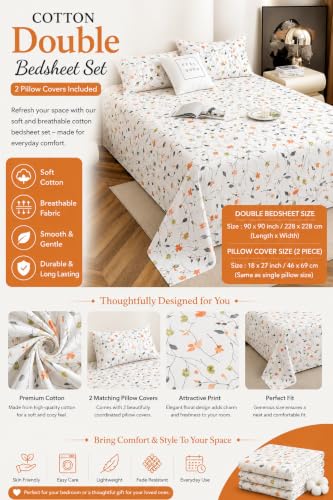 Image of IVAZA 240 TC Soft Ezyption Cotton Floral Print King Size Bedsheet - with 2 Pillow Covers, Hypoallergenic, Brethable, (Size- 90 x 90 Inch) White Orange