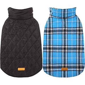 Kuoser Warm Dog Coat, Reversible Dog Jacket Waterproof Dog Winter Coat British Style Plaid Dog Clothes Pet Dog Cold Weather Coats Cozy Snow Jacket Vest for Small Medium Large Dogs Blue XS