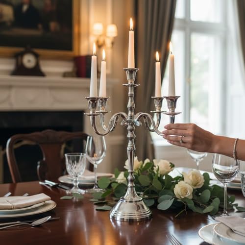 Image of Decorative Aluminum Vintage 5-Arm German Silver Candelabra Candle Holder - Elegant Metal Table Centerpiece for Home, Wedding, Party & Dining Room Decor