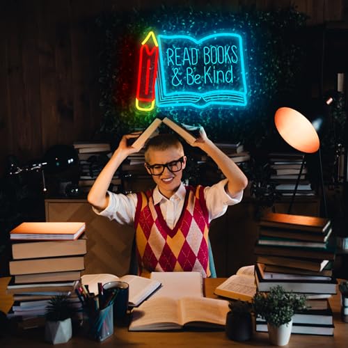 Image of Read Books Be Kind Neon Sign for Wall Decor Reading Neon Light Study Room | Dimmable Led Neon,Teen Birthday Reading Gifts,5V USB Powered,Bookstore Bedroom Decor, Classroom Library Wall Art,13.7*10in