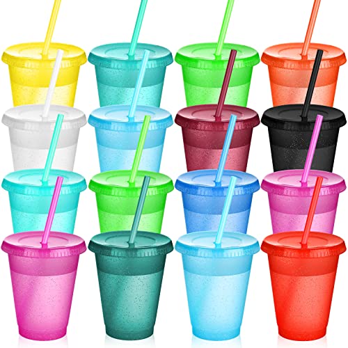 Sieral 15 Pack Cups with Lids and Straws Kids Tumbler with Straw Reusable Water Bottle Iced Coffee Travel Mug Adults Plastic Cups for Parties 16 oz (Bright Colors)