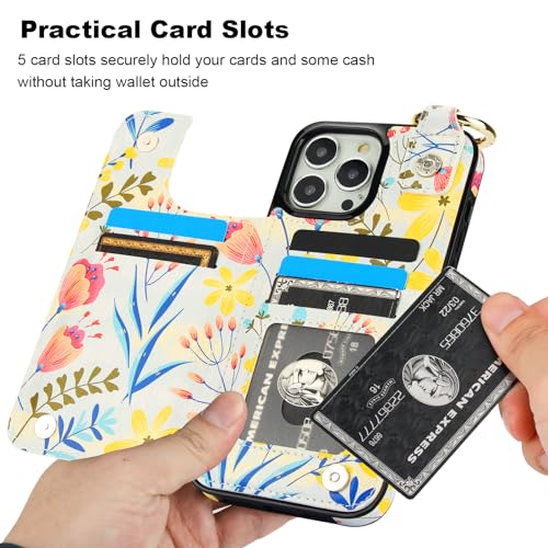 Image of HAOPINSH for iPhone 13 Pro Max Wallet Case with Card Holder, Floral Flower Print Back Flip Folio PU Leather Kickstand Card Slots Case, Finger Grip Ring Double Magnetic Clasp Shockproof 6.7 inch