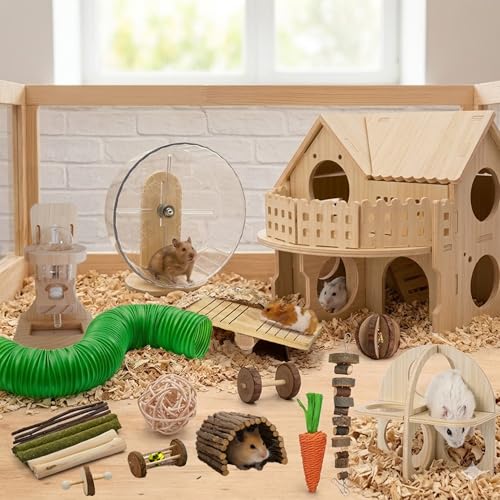23 PCS Hamster Toys & Accessories Set – Wooden Maze House, Silent Exercise Wheel, 17 Pcs Chew Toys, Water Bottle & Hamster Fitness Toy for Hamsters, Rats & Small Animal Cage Accessories (Green) - Thumbnail 6