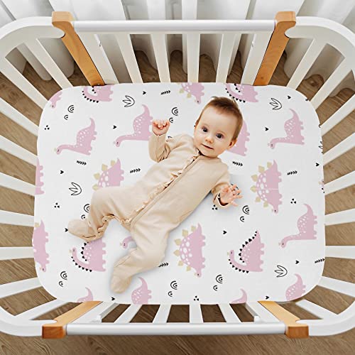 Image of Fitted Crib Sheets Baby Pink Dinosaurs Stretchy Portable Playard Sheets for Baby Toddler, Breathable Soft Mini Crib Mattress 52 x 28 in for Boys and Girls
