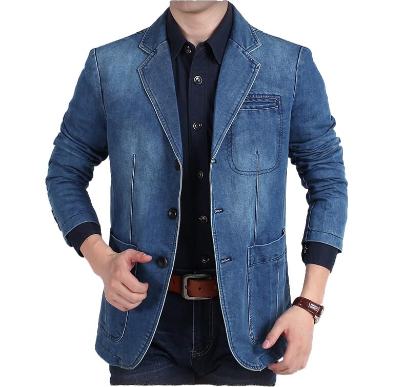 LIUYUYOUGO Traje Hombre Chaqueta De Mezclilla para Hombre Chaqueta Vaquera Azul Lavada Abrigo De Jeans Descoloridos Chaqueta Vaquera De Algodón Ajustada Abrigo Deportivo Ligero De Moda De Un Solo P