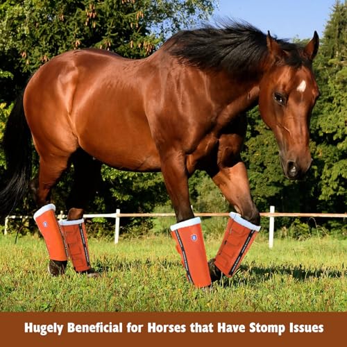 Image of Harrison Howard Loose-Fitting Horse Fly Boots UV-Protective, Breathable, Tear-Resistant Fine Mesh Leggins Stay-on Comfortable Fly Boots with Ultra-Soft Wool Trim (Set of 4) Vibrant Orange Pony (Small)