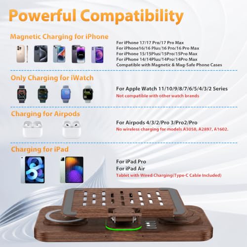 Image of 30W Charging Station for Apple Products,Foldable Wireless Charger with Clock Display&7 Color Light,Wired Charging for iPad /Tablet Charging Station for iPhone17, for Apple Watch11for AirPods4(Woodgrain
