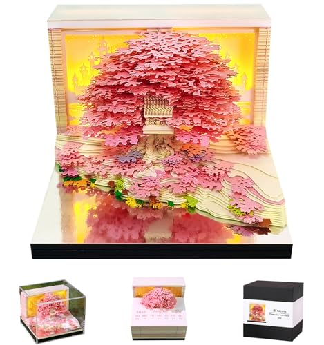 RSLIPIN 3D Memo Pad Time Piece Calendar 2026 3D Art Calendar 2026 Creative Paper Sculpture Pink Flower Sea and Tree Island Rip Away Calendar Notes