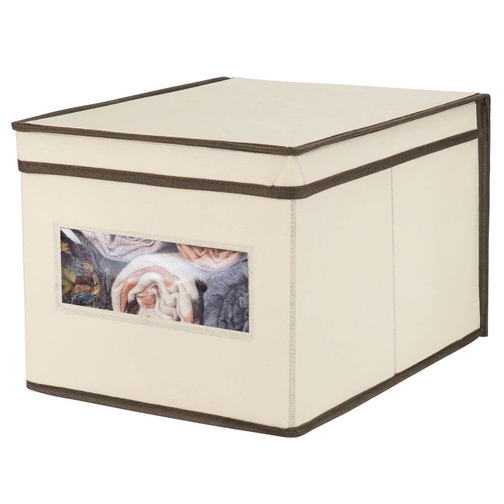mDesign 6er-Set Stoffbox – praktische Aufbewahrungsbox mit Deckel und Sichtfenster für Schlaf-, Wohn- oder Badezimmer – stapelbare Schrankbox aus atmungsaktiver Kunstfaser – cremefarben/braun