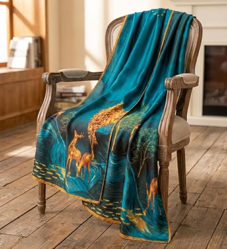Image of Alexvyan Satin Silk Summer Scarves 180 x 84 cm, Blue Golden Dear Theme with Stitched Border, Lightweight Fashion Scarf for Women Sun Protection Stole