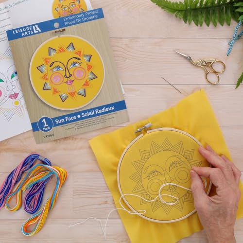 Image of LEISURE ARTS Embroidery Kit 6 inch Sun Face - Embroidery Kit for Beginners and Adults, Cross Stitch Kits with Patterns, DIY Starter Set for Seasonal Craft Projects
