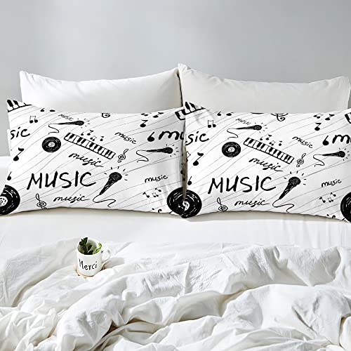 Music Themed Bed Sheet Set Black And White Music Note Bedding Set For Boys Girls Kids Musical Pattern Fitted Sheet Teens Retro Music Microphone Vinyl Records Bed Cover Room Decor Full Size 4Pcs #TOP2