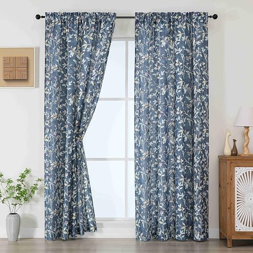Image of Chyhomenyc Light Filtering 84 Inch Window Curtains - Linen Blend Floral Printed Curtains Drapes for Living Room, Soft Farmhouse Curtain for Bedroom, 52Wx84L Inch, 2 Panels, Blue