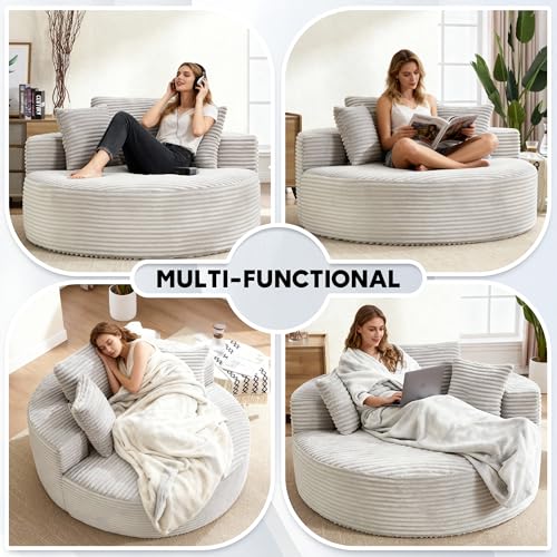 Image of Oversized Round Chair Lounge Chaise Indoor, 55.5 inch Upholstered Corduroy Deep Seat Single Cloud Sofa Chair, Fluffy Modern Large Circle Boneless Sleeper Sofa for Living Room, Bedroom, Grey