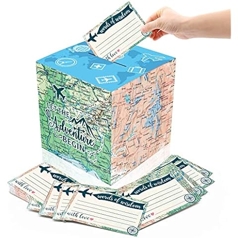 Yaaaaasss! 51PCS Adventure Card Box Holder and Advice Cards for Adventure Awaits Bon Voyage Farewell Travel Themed Birthday Graduation Retirement Job Career Change Party Decorations Supplies Cover