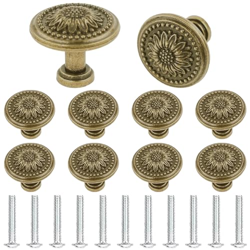 ZcrPrn Drawer Knobs, 10 PCS Antique Brass Kitchen Cupboard Handles, Vintage Floral Pattern Drawer Handles, Cabinet Knobs for Chest of Drawers, Furniture Cabinets, Dressers, Wardrobe Doors