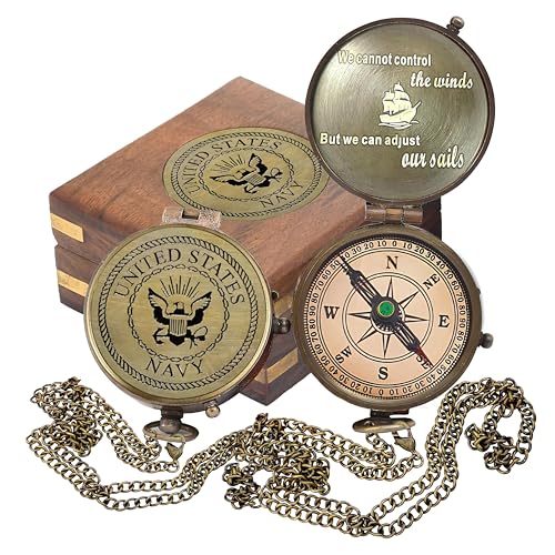 US Navy Military Gifts for Men Women - Personalized Retirement Compass for Son Mom Dad Family - Engraved United States Navy Gift (Navy with Wooden Box)