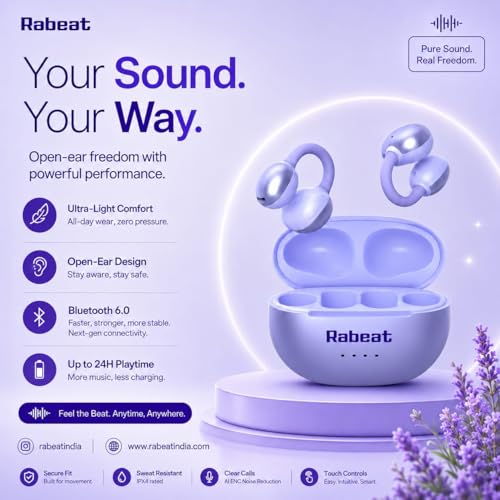 Image of Rabeat Flexx Air Buds OWS Earbuds with Clip-On Fit, Air Conduction Tech, 50HRS Battery, 4Mics ENx, Dual EQ Modes, 10mm Drivers, 40ms Latency, Bluetooth Wireless Earphones, Cool Purple