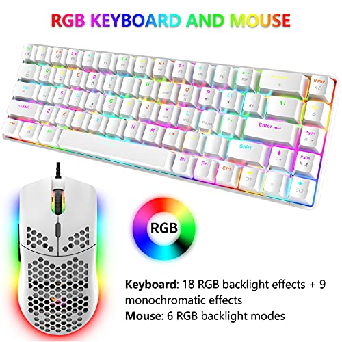 RGB Gaming Tastatur und Maus Set, 68 Tasten Blauer Schalter 60% Mini Chroma Mechanische Tastatur, 6400DPI Leichte Optische Waben Maus, USB-Kabel, Kompatibel mit Windows Mac PS4 Xbox, Weiß - Image 3