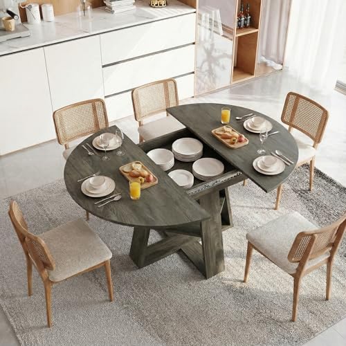 Image of 59 inch Extendable Round Dining Table for 4-8, Folding 59 inch to 43.3 inch Modern Kitchen Oval Dining Table with Removable Leaves Storage Shelf for Kitchen Living Room Black