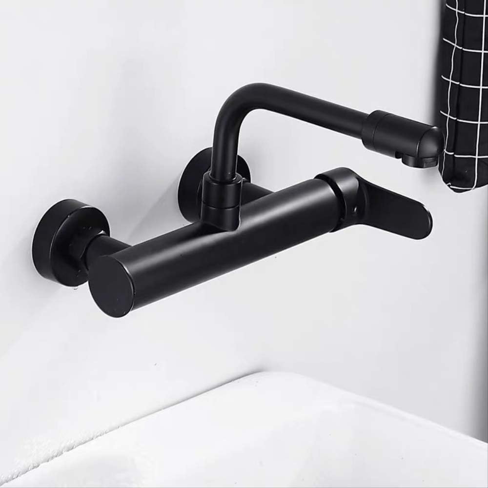 Xazlbiw Black 280Mm Kitchen Faucets Black Brass Wall Mounted Dual Hole Bathroom 360 Rotate Basin Faucet Cold Hot Water Sink Crane Mixer Taps 280Mm