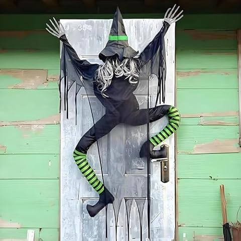 Halloween Crashing Witch Decorations, 69" Pose-able Flying Witches Crashed into Tree Outdoor Decor, Climbing Witch on The Door Window for Yard Party, Patio, Porch Decoration Cover