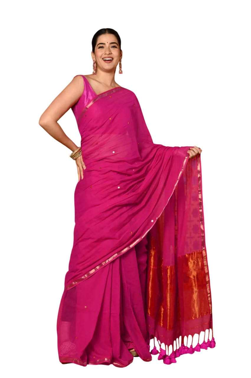 Shubh ~ Designer Pure Mul Cotton Handloom Saree - Pink-image-11