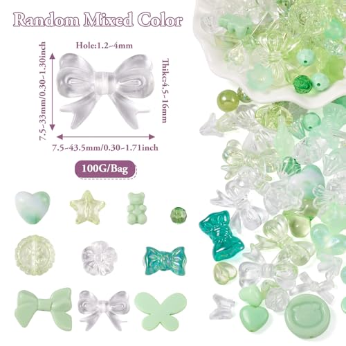 PH PandaHall Pandahall 100g Acrylic Beads Assorted Bows Flower Butterfly Heart Star Bear Round Loose Spacer Beads Charms for Bracelet Necklace Jewelry Making Light Green - Image 3