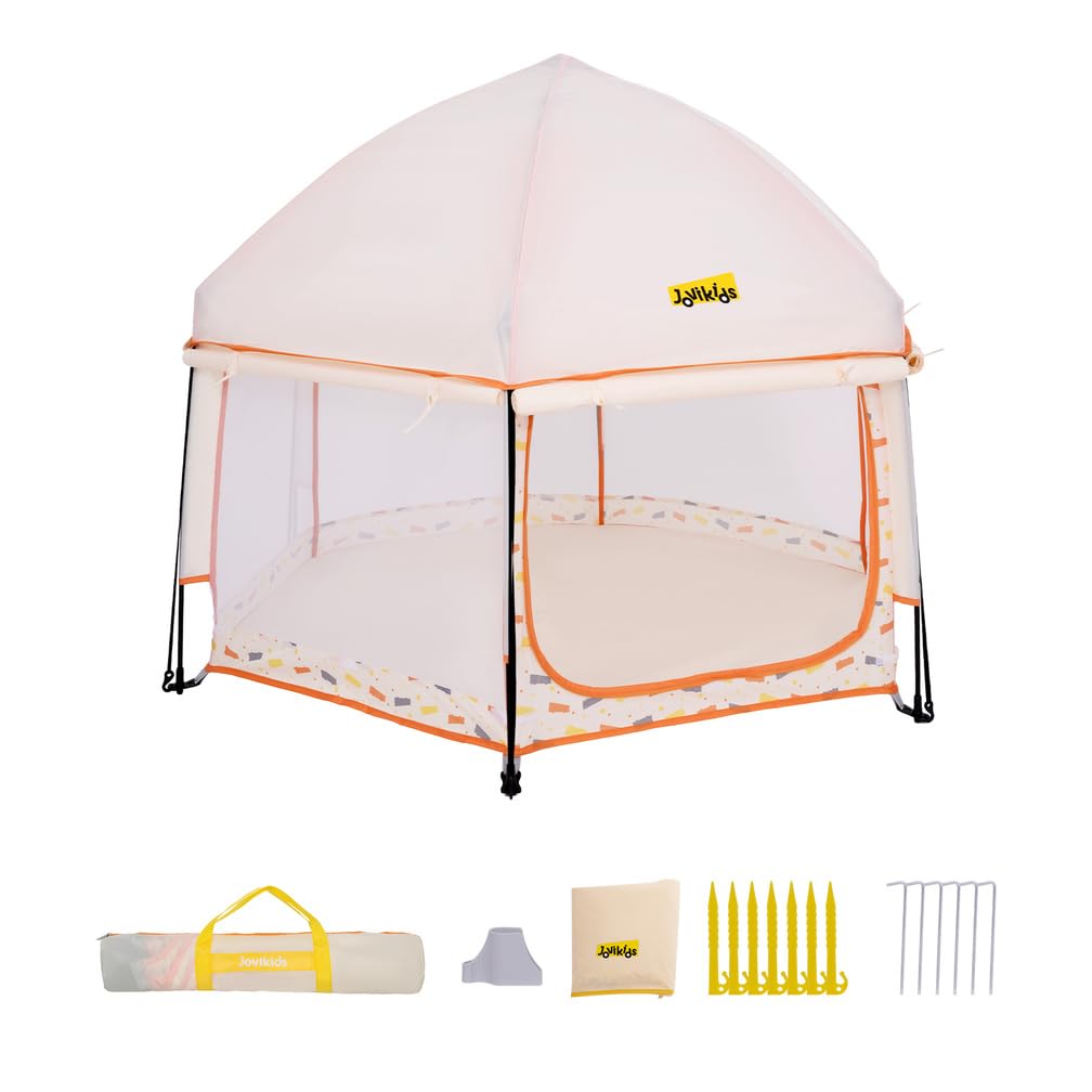 Jovikids Faltbarer Baby Laufstall mit Baldachin, Pop-Up Kinderzelt, großer sechseckiger Playpen mit Tragetasche für Innen, Garten & Strand, Maße 150×150×105 cm