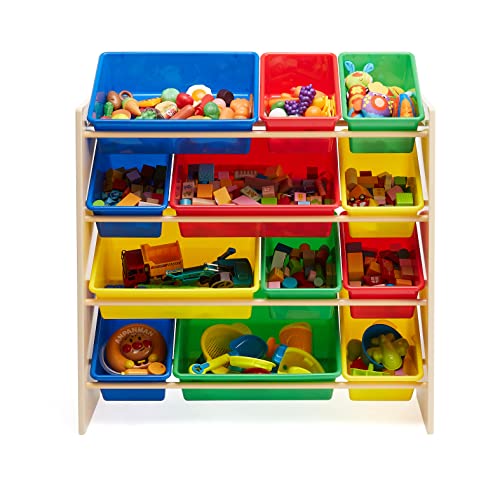 Image of Amazon Basics Kids Toy Storage Organizer With 12 Plastic Bins, Natural Wood, Multicolor, for Bedroom and Playroom, 33.85 inchD x 12.79 inchW x 35.42 inchH