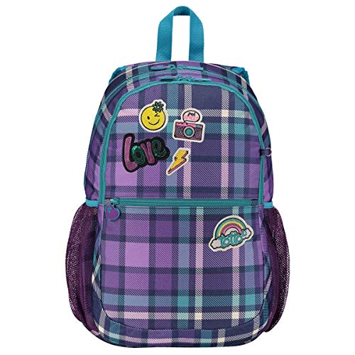 TOTTO - Mochila Escolar Grande, Modelo Patchly, Gran Capacidad, 3 Compartimentos, 2 Bolsillos para Botella, Correas en S para Mayor Comodidad, Resistente y Duradera, Estampado Cuadros Escoceses Morado