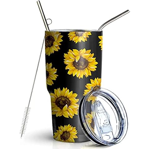 CHIUTUUY 30 oz Sunflower Tumbler Double Wall Stainless Steel Vacuum Insulated Travel Coffee Mug with Lid Metal Straws and Brush (30 OZ) Cover