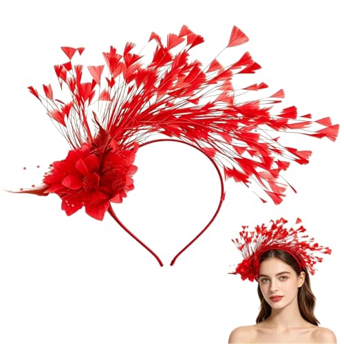 Fascinators for Women Large Flower Feather Fascinator Lightweight Elegant Reusable Hair Accessory Idea for Girls Ladies Bridesmaids Wedding Formal Events Party Race Day Special Occasions (Red)