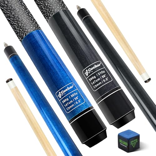 Pool Cues Set of 2, 58" 2-Piece Pool Sticks for Adults, Maple Wood Billiard Cue Sticks for House Bar, 13mm Tip, Imitation Linen Wrap, 2 Different Colors and Weights Blue+Black