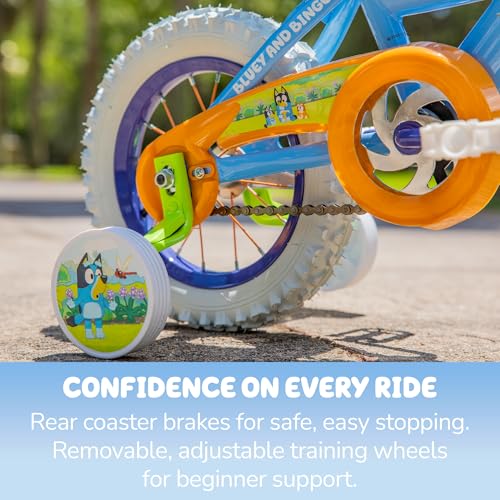 Image of Bluey 12 Inch Kids Bike by Dynacraft for Boys and Girls with Training Wheels, Coaster Brake, Sturdy Frame, Easy Assembly, Fun Bluey Design, Beginner Toddler Bicycle