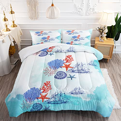 Blue Ocean Comforter Set for Kids and Adults, Twin Size Coral Seashell