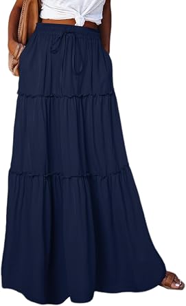 Happy Sailed Womens Floral Print Boho Maxi Skirt Elastic High Waist Pleated Ruffle Flowy Long Skirts S-XL