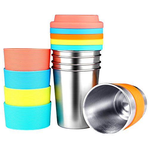 Kereda Kids Stainless Steel Cups With Silicone Lids & Sleeves, 5 Pack 8 Oz. Drinking Tumblers Eco-Friendly Bpa-Free For Children And Toddlers, Adults #TOP4