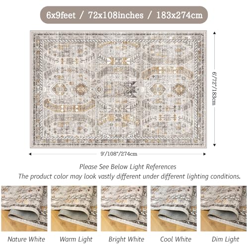 Madane 6x9 Area Rugs for Living Room, Stain Resistant Washable Rugs, Non-Slip Backing Area Rug, Vintage Home Decor Rug for Bedroom (Brown/Gold, 6'x9')