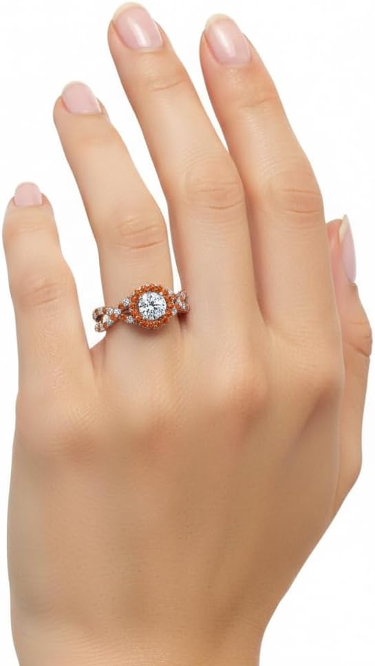 Choose Your Gemstone Entwined Halo Diamond CZ Ring Rose Gold Plated Round Shape Halo Engagement Rings Minimal Modern Design Birthday Gift Wedding Gift US Size 4 to 12