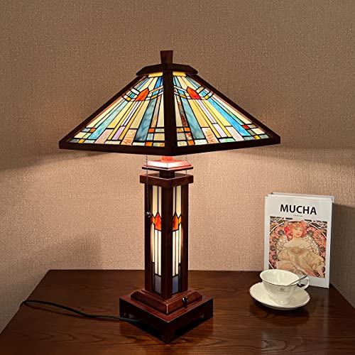 Cotoss Tiffany Table Lamp Night Light,Handmade Stained Glass Lamp For Reading,3 Lights Wood Trim Mission Vintage Desk Lamp For Home And Office #TOP2