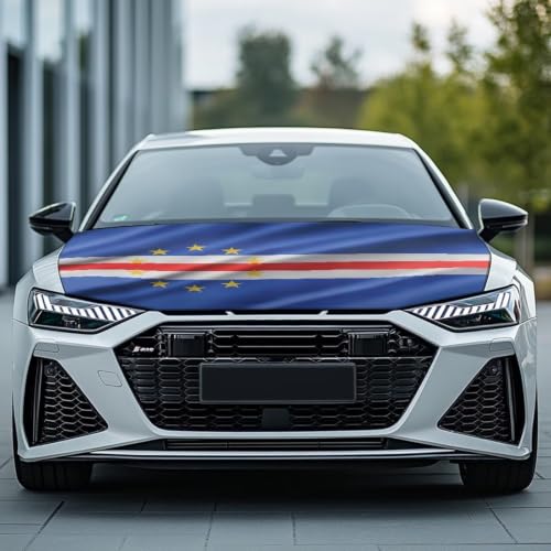 Image of Car Hood Cover Cape Verde Flag Print Car Hood Protector Waterproof Universal Automotive Exterior Accessories Patriotic Decorations for Compact Vehicles Sedans Trucks SUVs for Sports Events